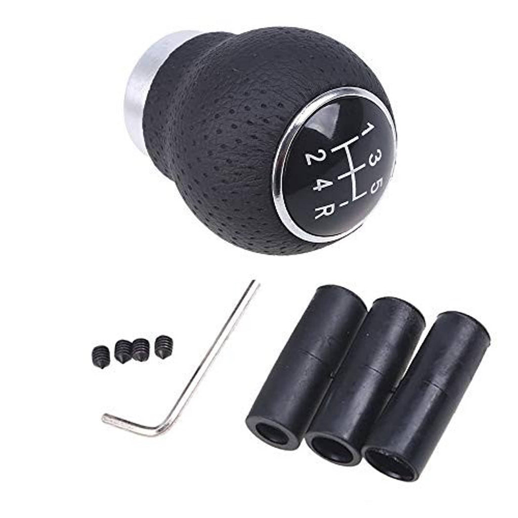 5-speed gear shift knob with black textured leather, metal top, hex key, and three install sleeves