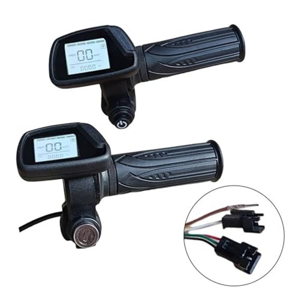 Dual-thumb electric bike throttle with LCD displays, black grips, and connector inset