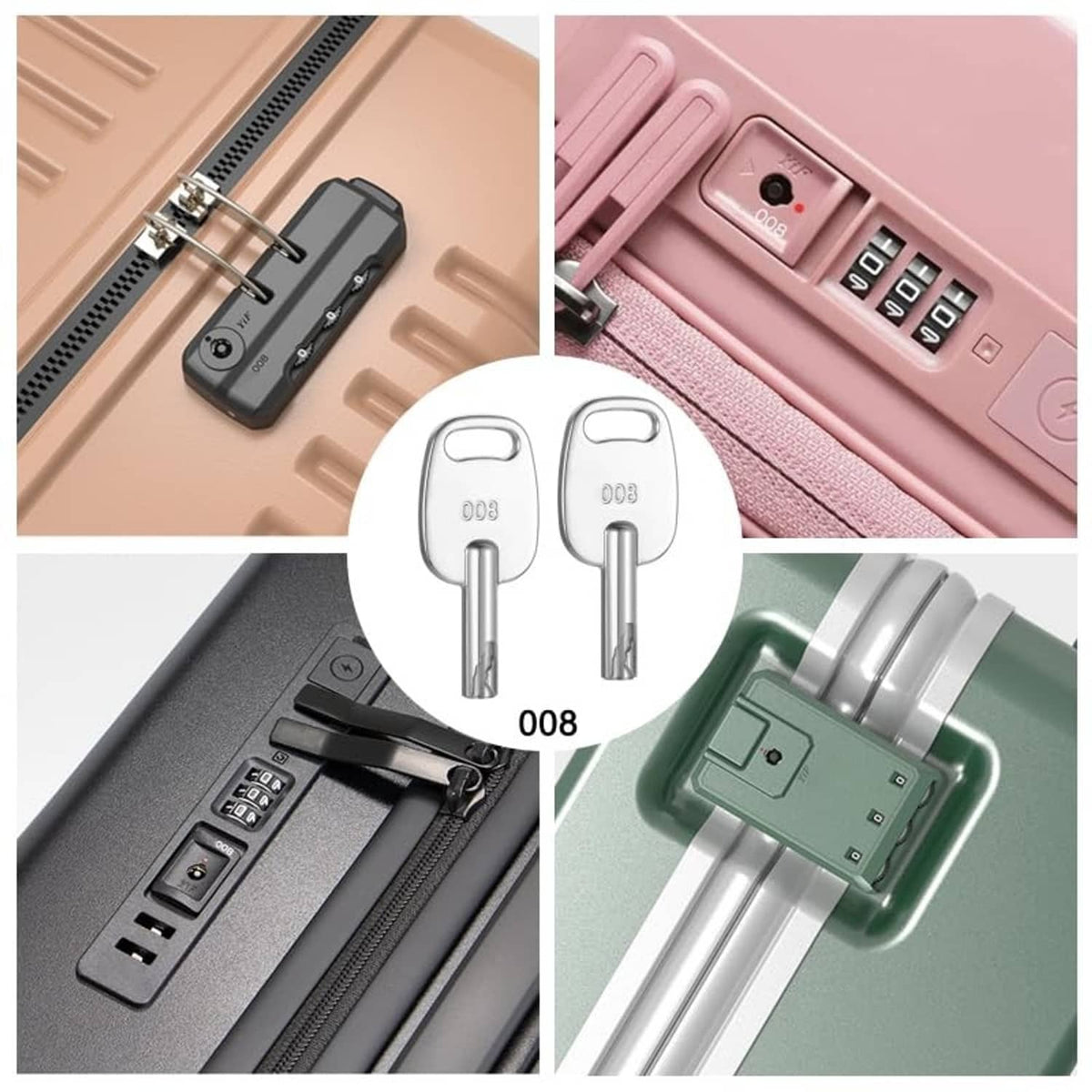 Pair of silver luggage keys marked 008, one on each key holder