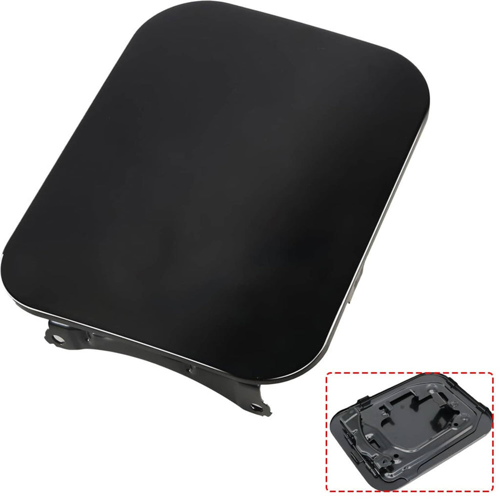 Black fuel filler door cover with hinge and latch, shown as a replacement panel