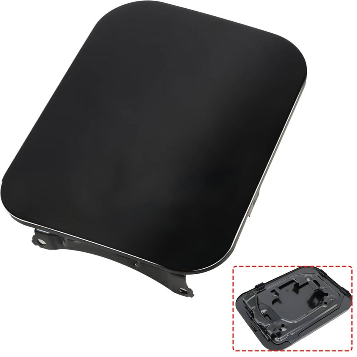 Black fuel filler door cover with hinge and latch, shown as a replacement panel