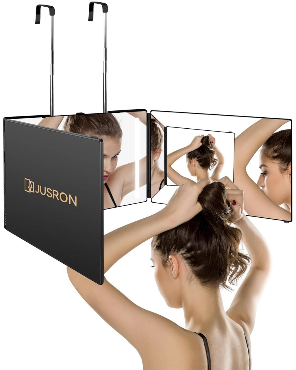 360-degree hair cutting mirror with anti-fog HD glass panels and foldable stand
