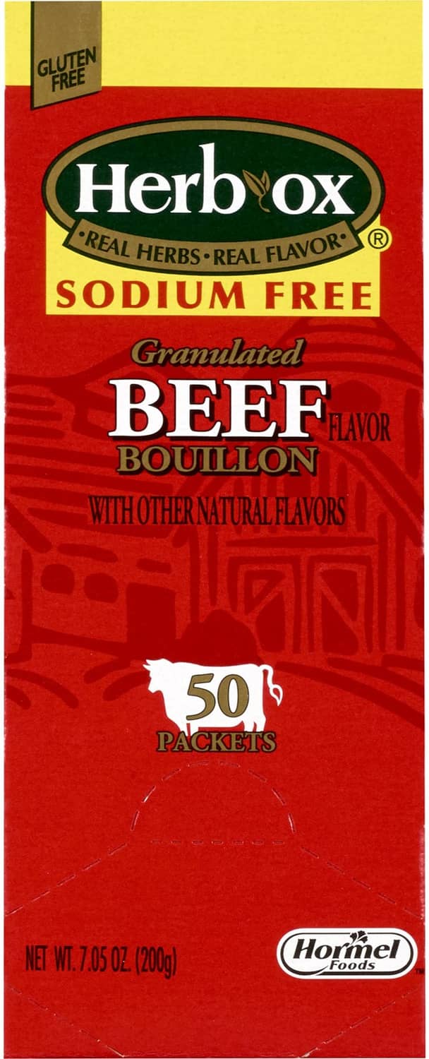 Sodium-free granulated beef bouillon packets, gluten-free, 50-count box front