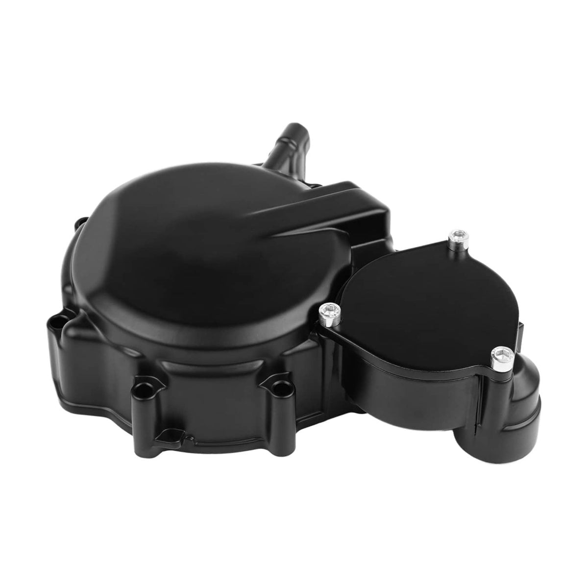 Left side engine stator cover, black with mounting bolts and vent outlet