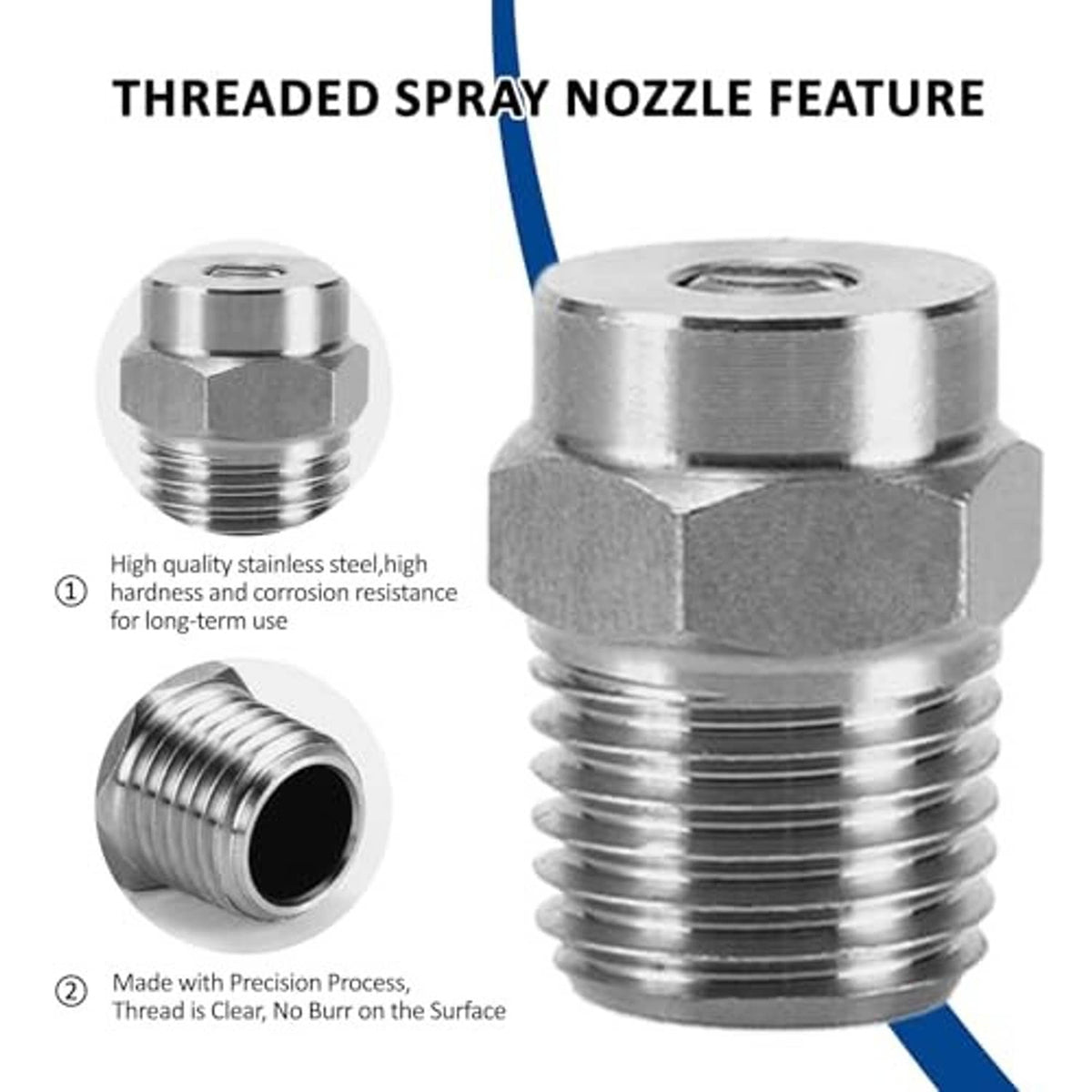 Stainless steel threaded spray nozzle with hex cap and male screw thread outlet