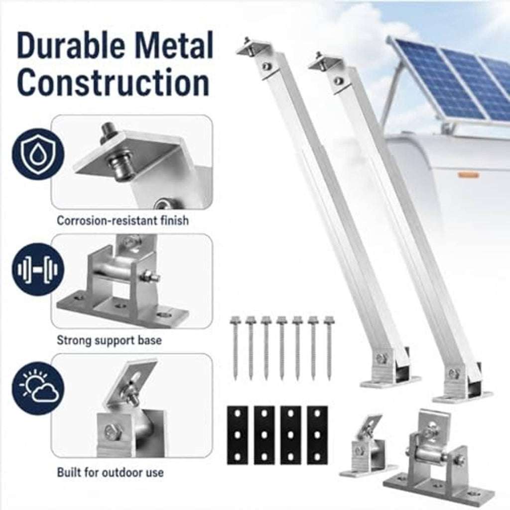 Metal solar panel tilt mounting brackets with corrosion-resistant base, silver rails and bolts
