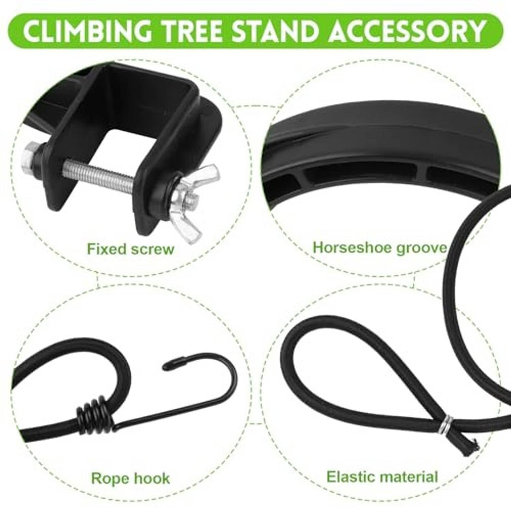 Climbing tree stand accessory set: black stirrup bracket with screw, rope hook, elastic