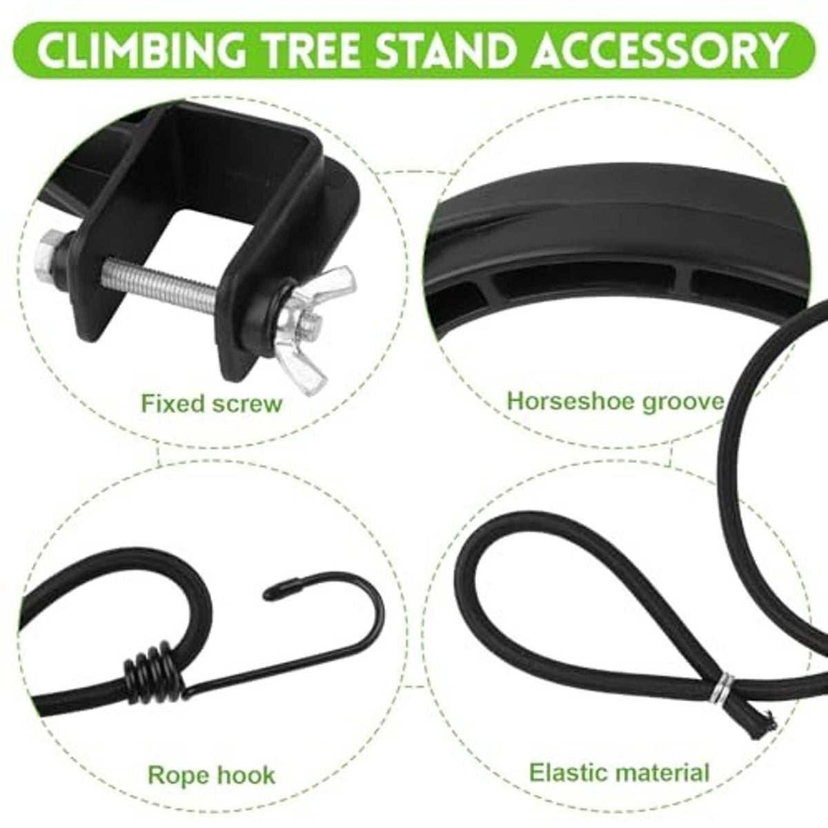 Climbing tree stand accessory set: black stirrup bracket with screw, rope hook, elastic
