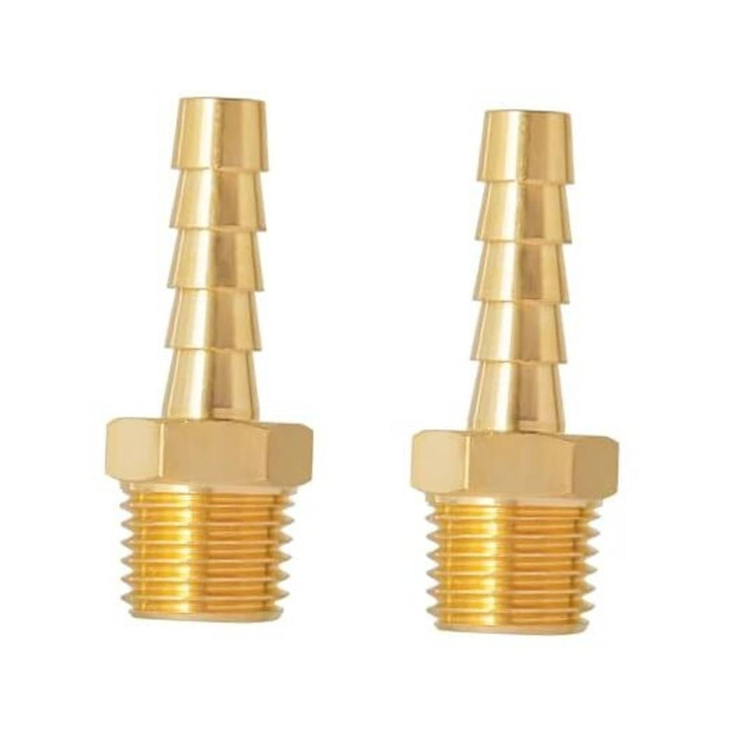 Pair of brass 1/4 in NPT male to 1/4 in hose barb fittings with barbed ends