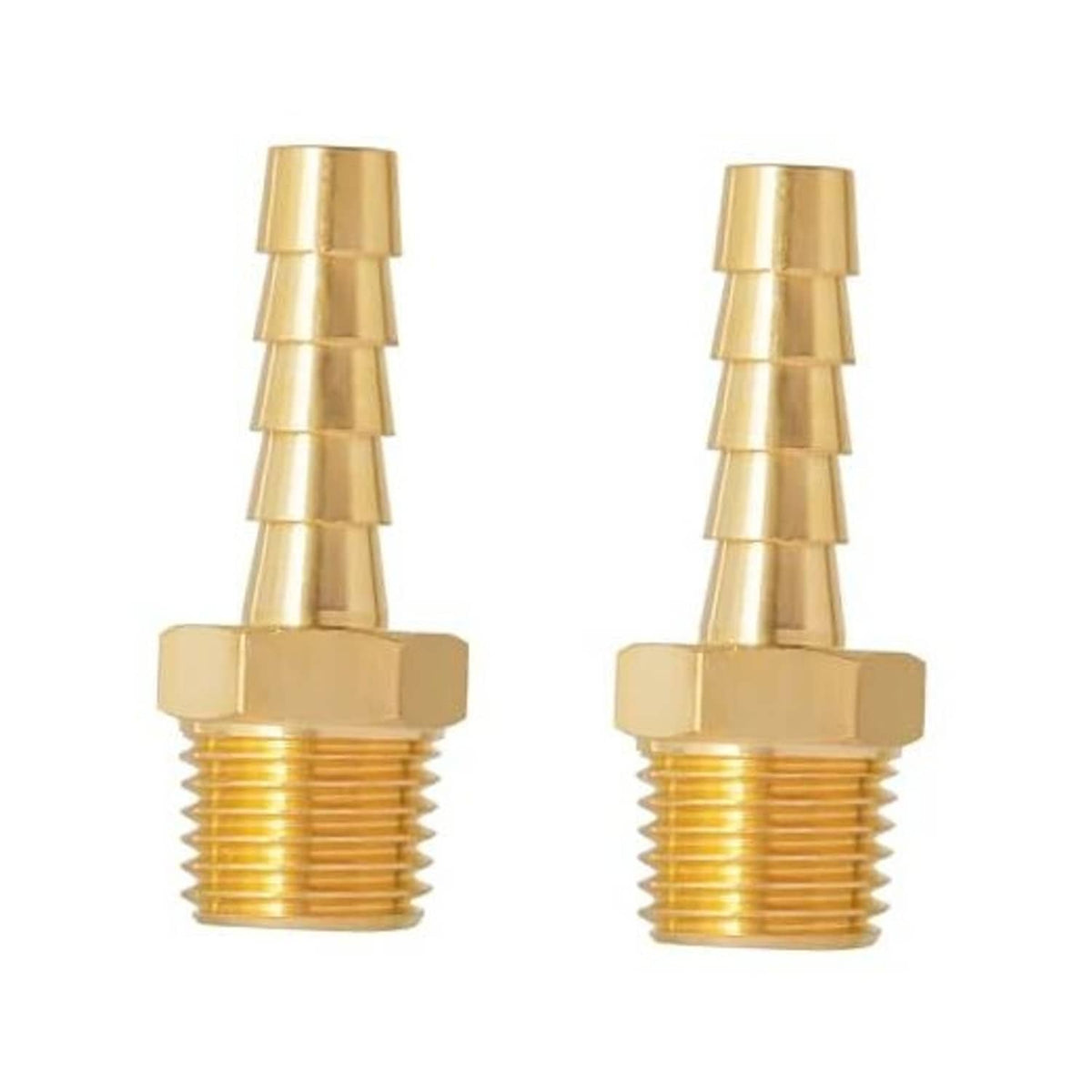 Pair of brass 1/4 in NPT male to 1/4 in hose barb fittings with barbed ends