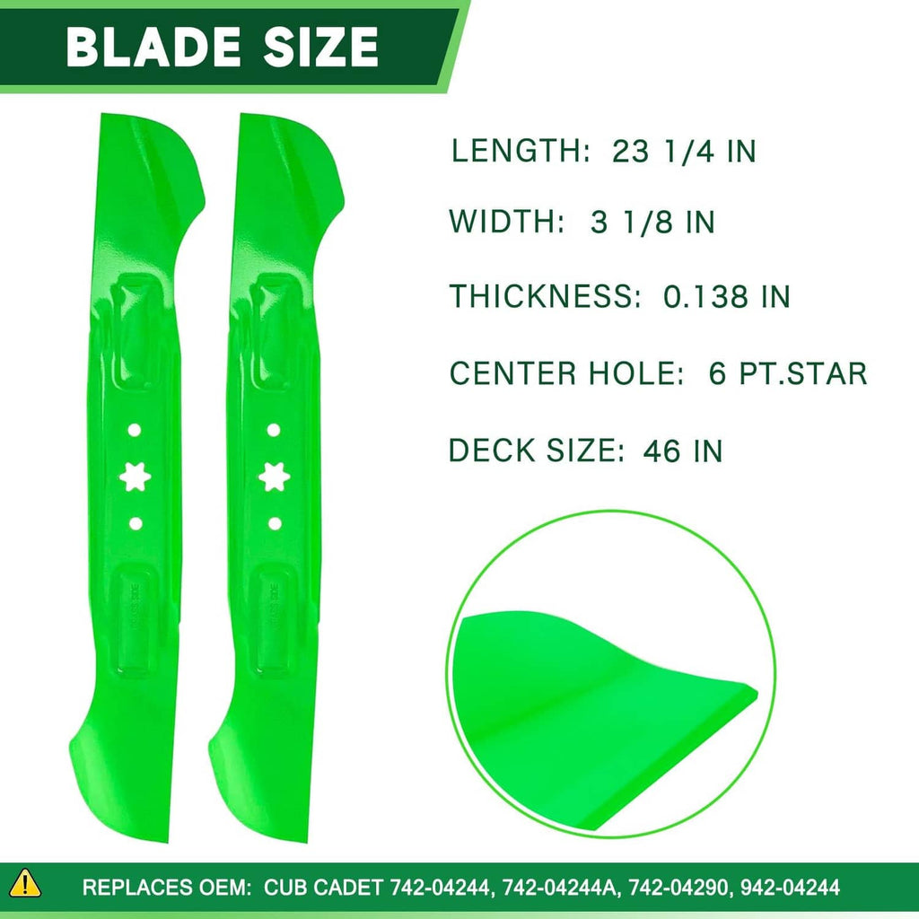 Pair of green lawn mower blades with center mounting hole and cutout shape