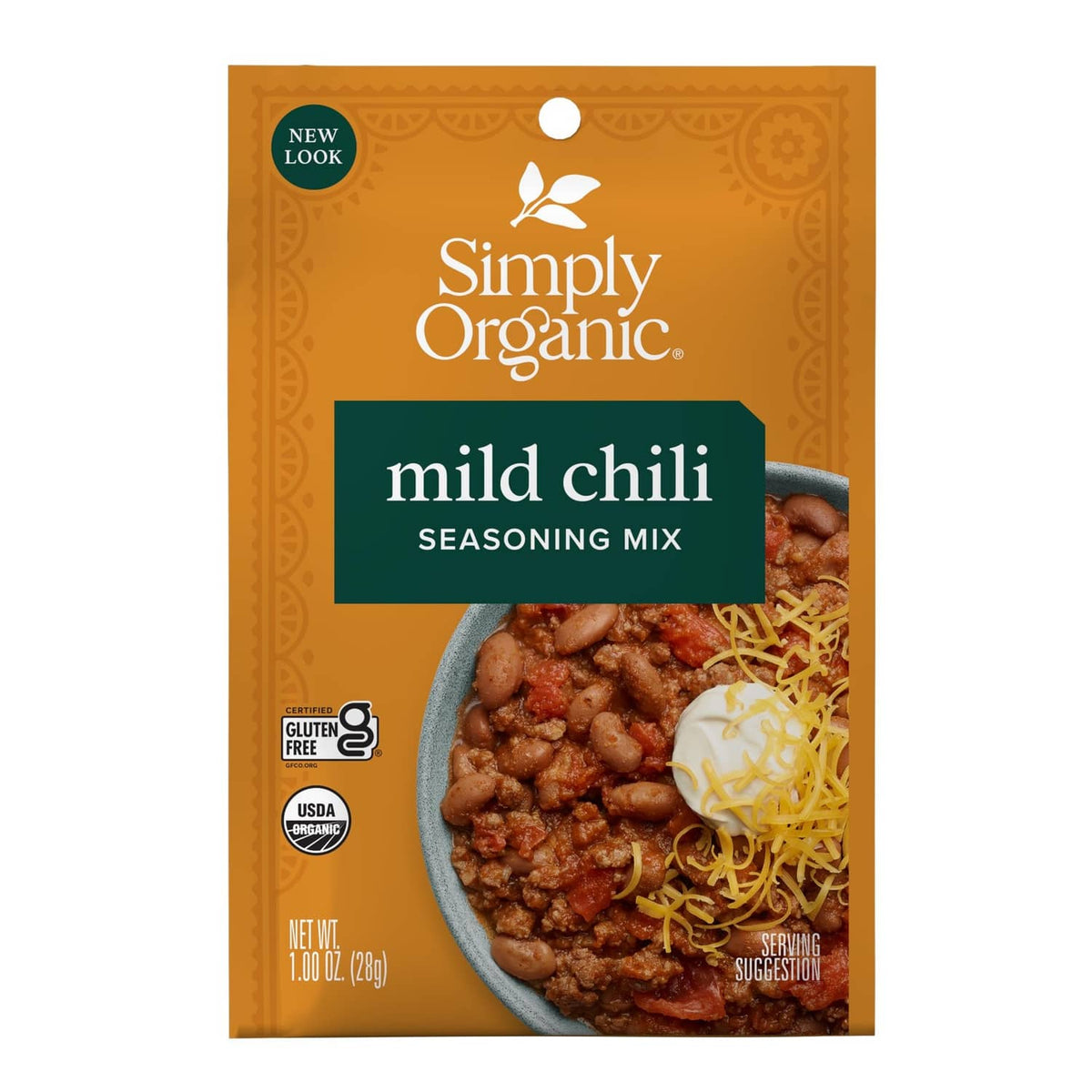 Simply Organic mild chili seasoning mix pouch, front view, 1 oz