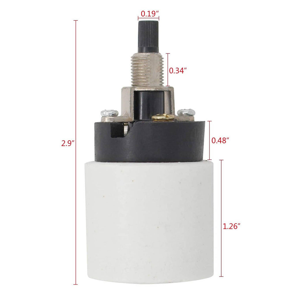 Ceramic rotary lamp socket switch with black top cap, white insulator, metal screw stem