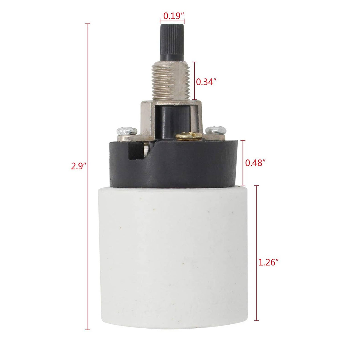 Ceramic rotary lamp socket switch with black top cap, white insulator, metal screw stem