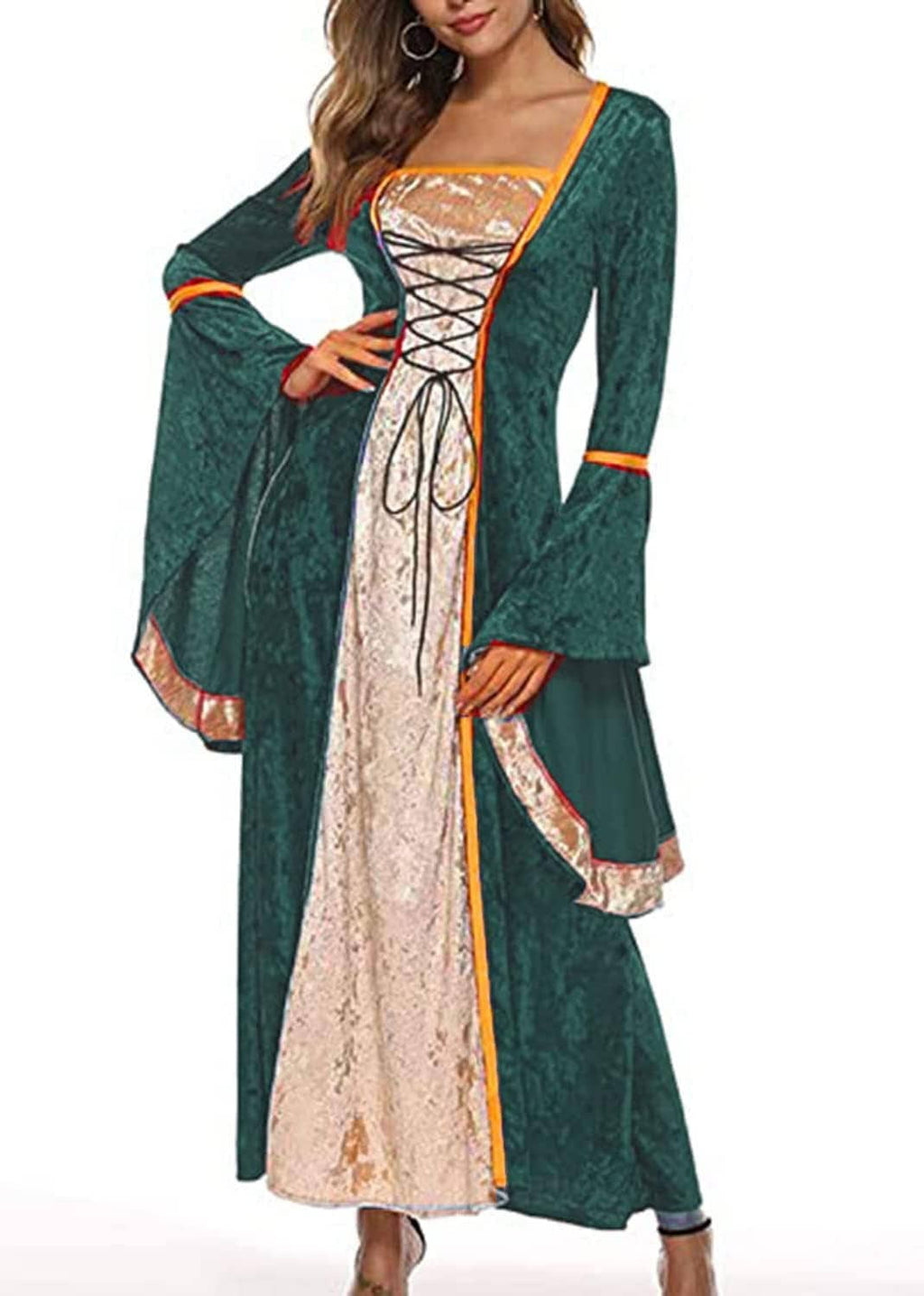 Women’s long medieval dress in deep green with lace-up front, cream underdress, flared sleeves