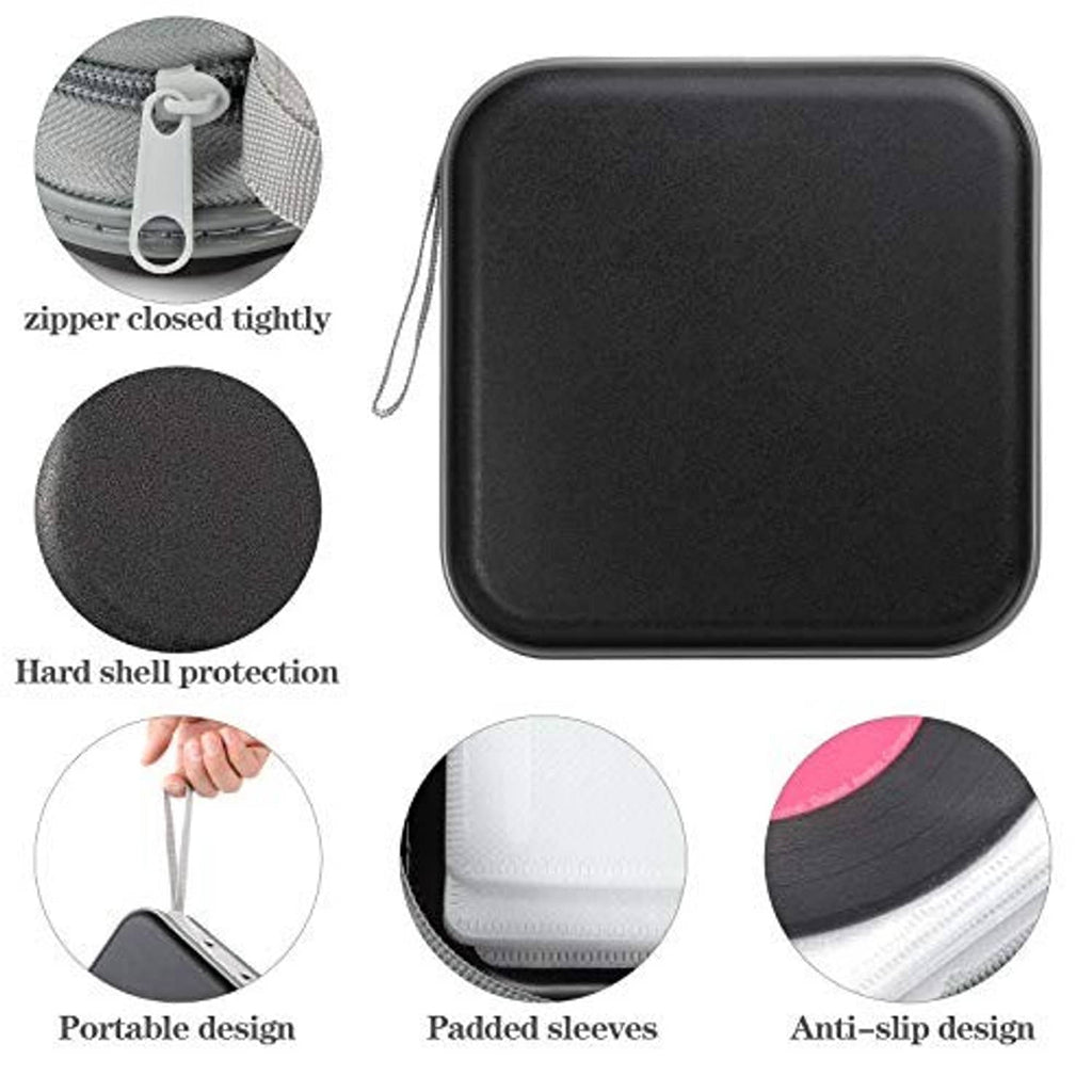 Black zipper disc wallet with hard shell and textured padded interior sleeves