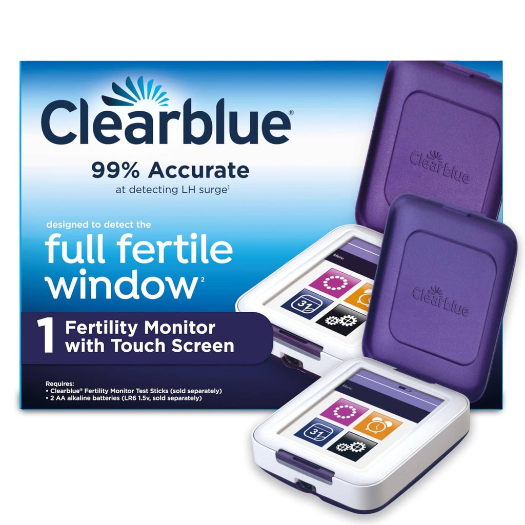 Clearblue fertility monitor kit with purple sensor cover and white touch-screen base