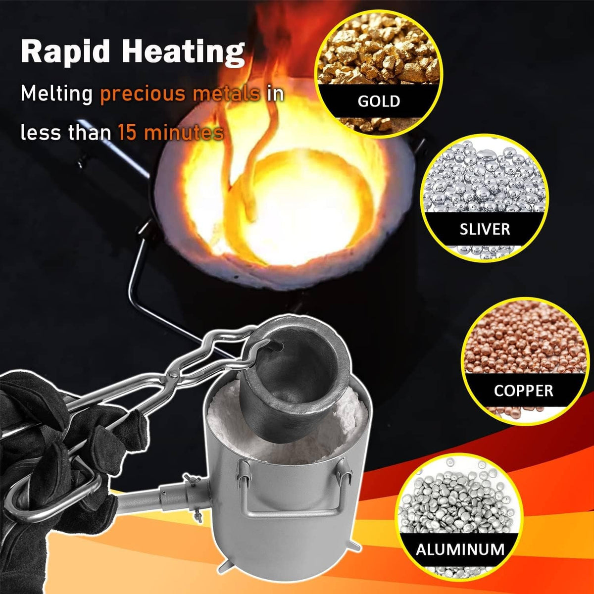 Propane melting furnace with crucible and tongs, featuring rapid heating flame