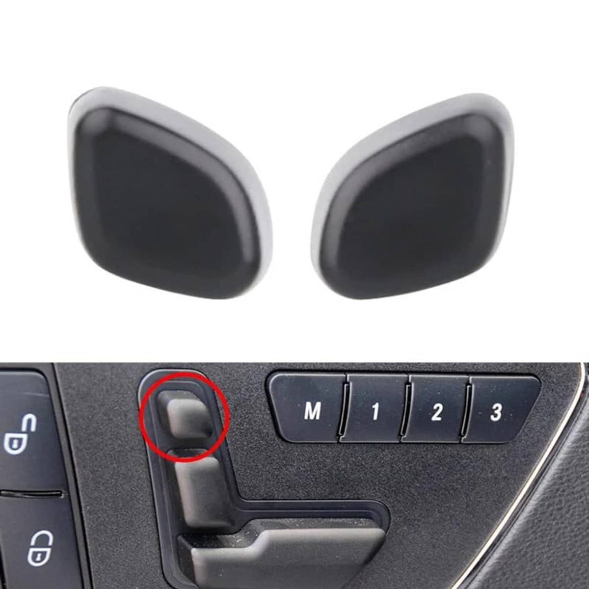 Black headrest adjust switch button cover pair shown near seat control buttons