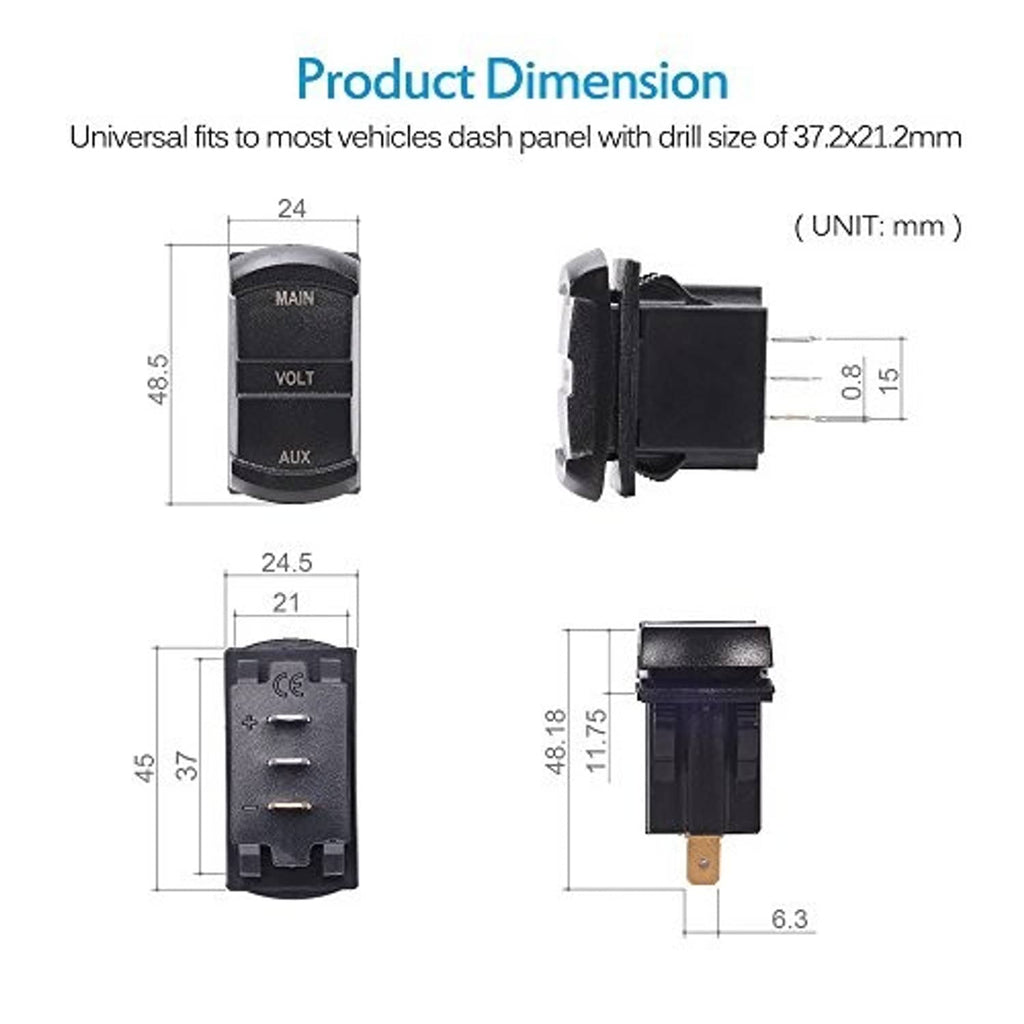Dual voltmeter product dimension diagram with mounting size measurements