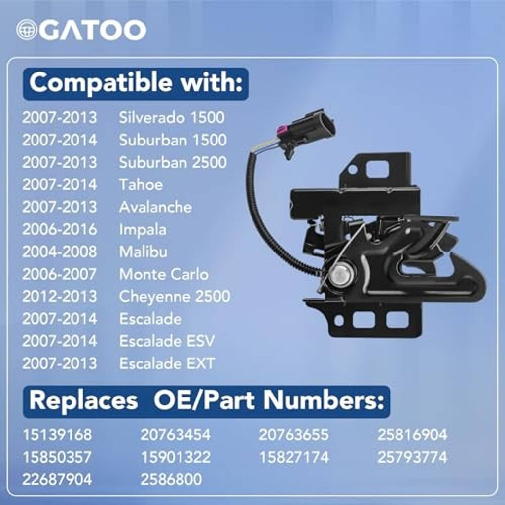 Black hood latch lock assembly shown beside a compatibility list for multiple models