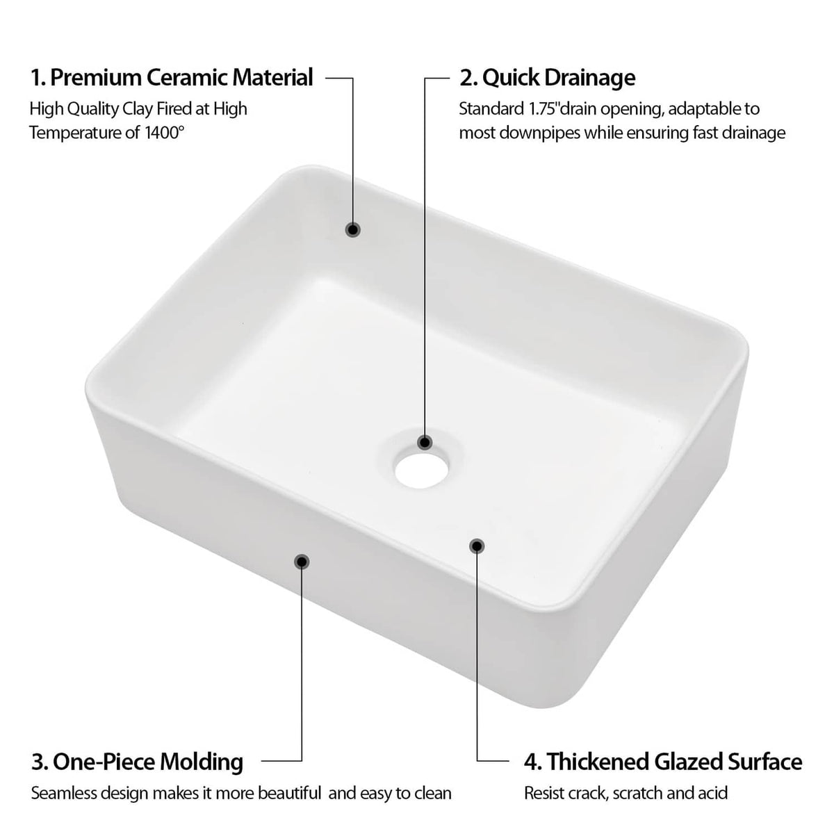 White rectangular bathroom vessel sink with drain hole, smooth glazed ceramic basin