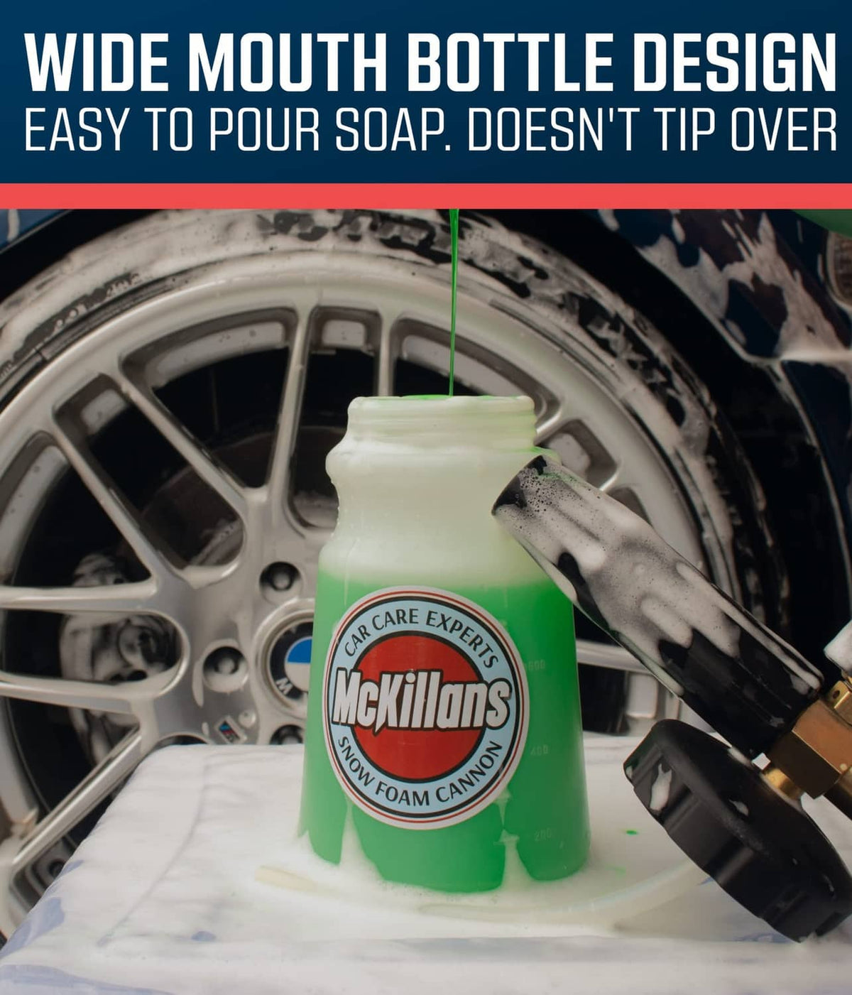 Green-labeled wide-mouth foam cannon bottle with white body and black spray cap