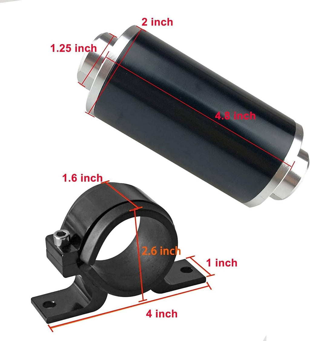 Inline fuel filter size diagram with black housing and black mounting bracket
