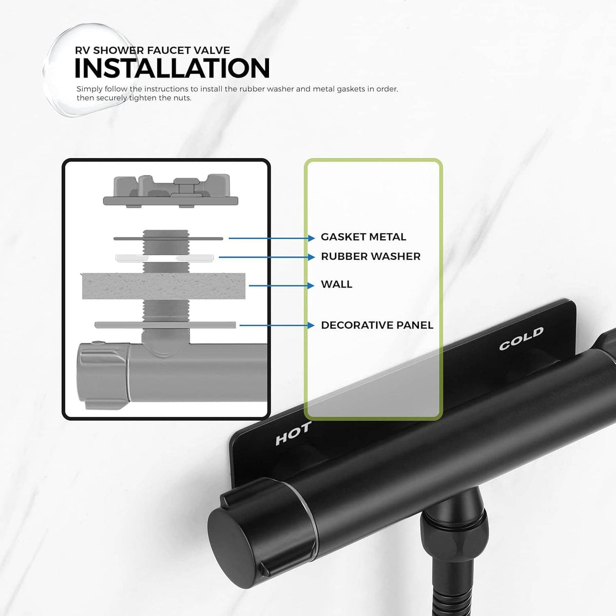 Matte black RV shower faucet valve with hot/cold panel in installation diagram