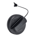 Fuel tank filler cap with tether cord, black plastic, hinged cover.