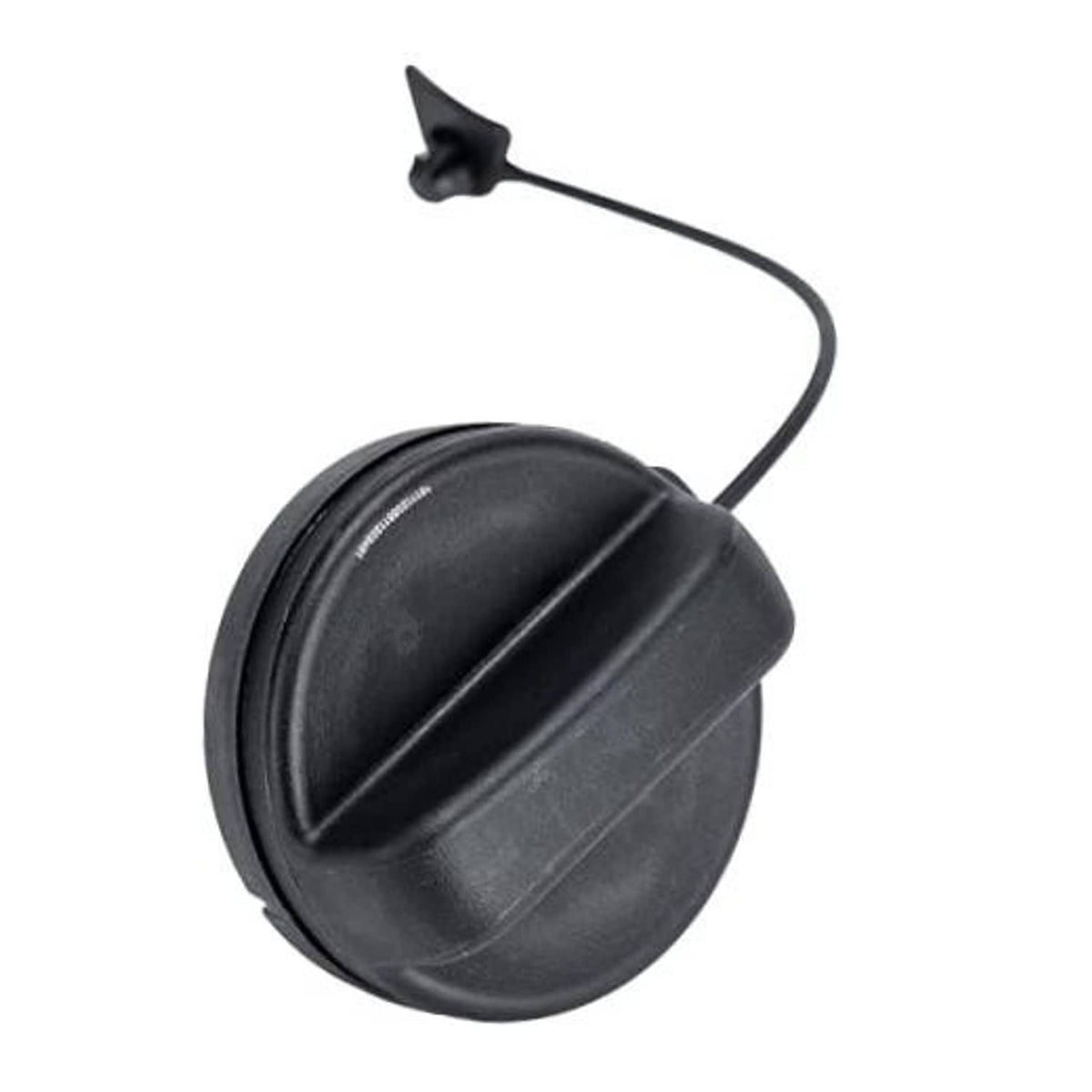 Fuel tank filler cap with tether cord, black plastic, hinged cover.