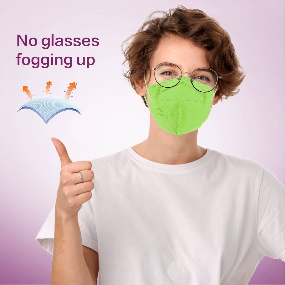 Green KN95 face mask worn by a person, secure ear-loop fit