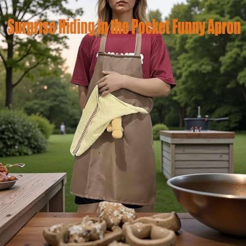 Brown prank apron with front pocket holding a beige towel