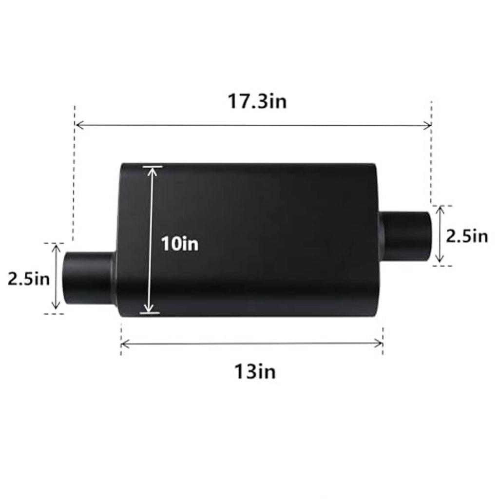 Black muffler with short inlet and outlet pipes; rectangular casing