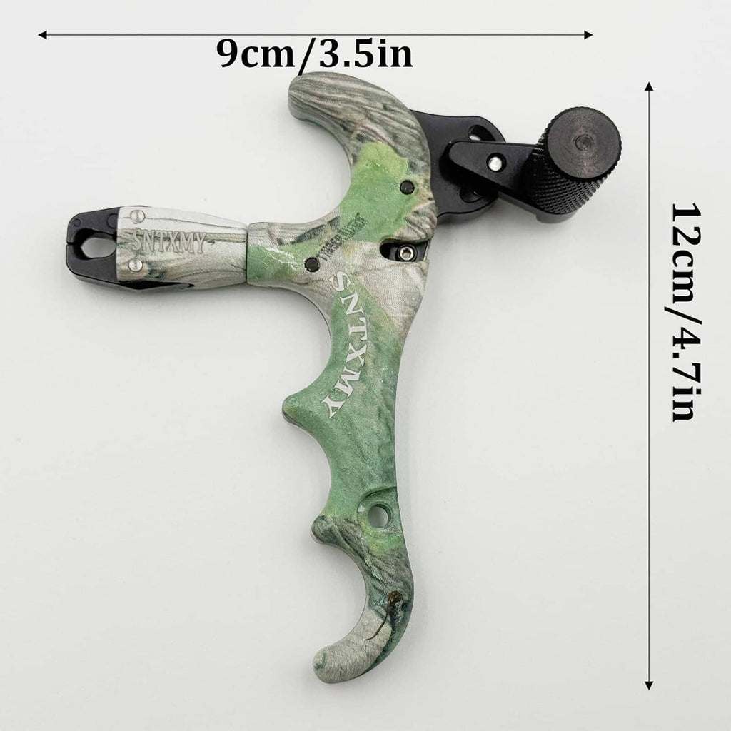 Green camo bow trigger release with black thumb button and mounting bracket