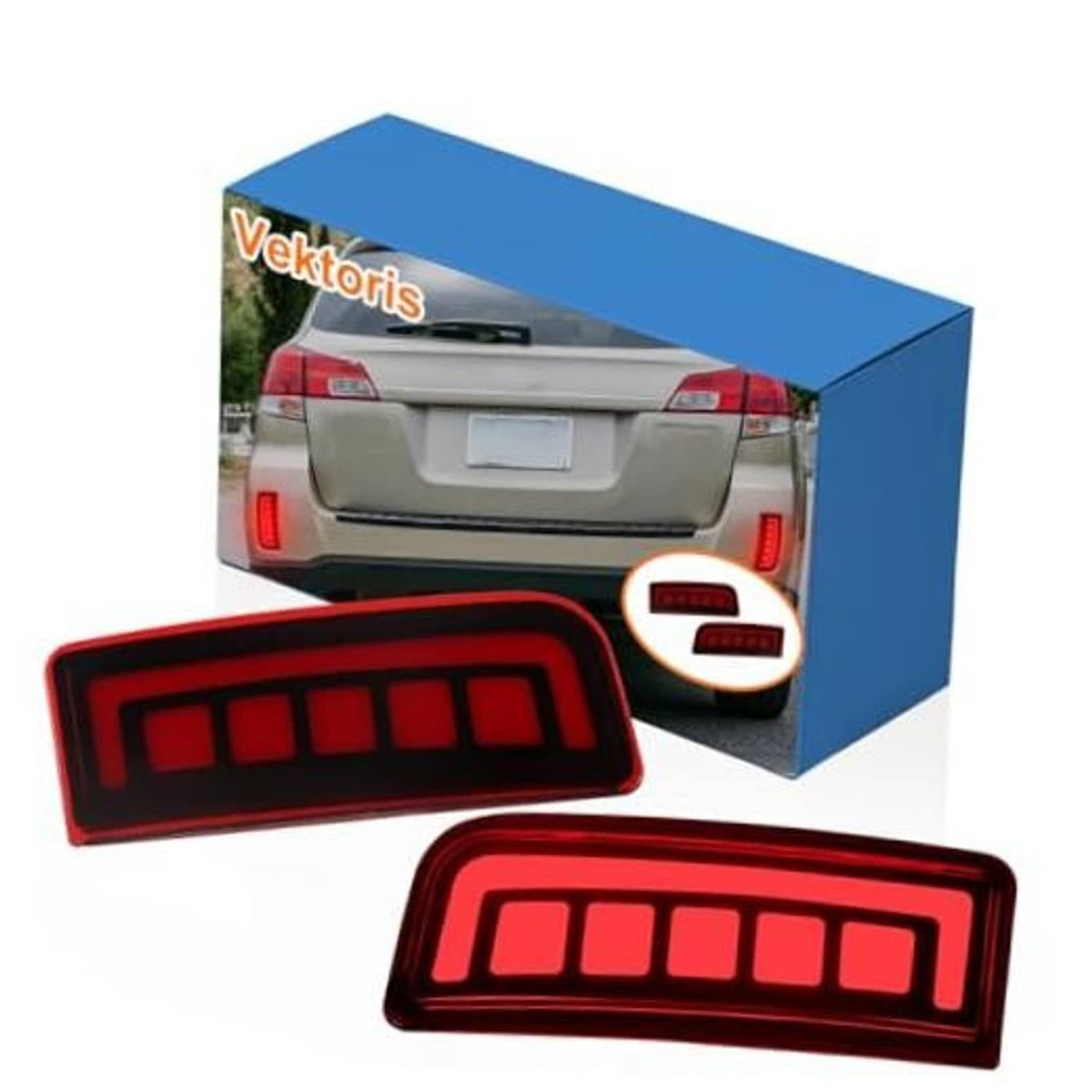 Pair of red LED rear bumper reflector lights with rectangular segmented lens