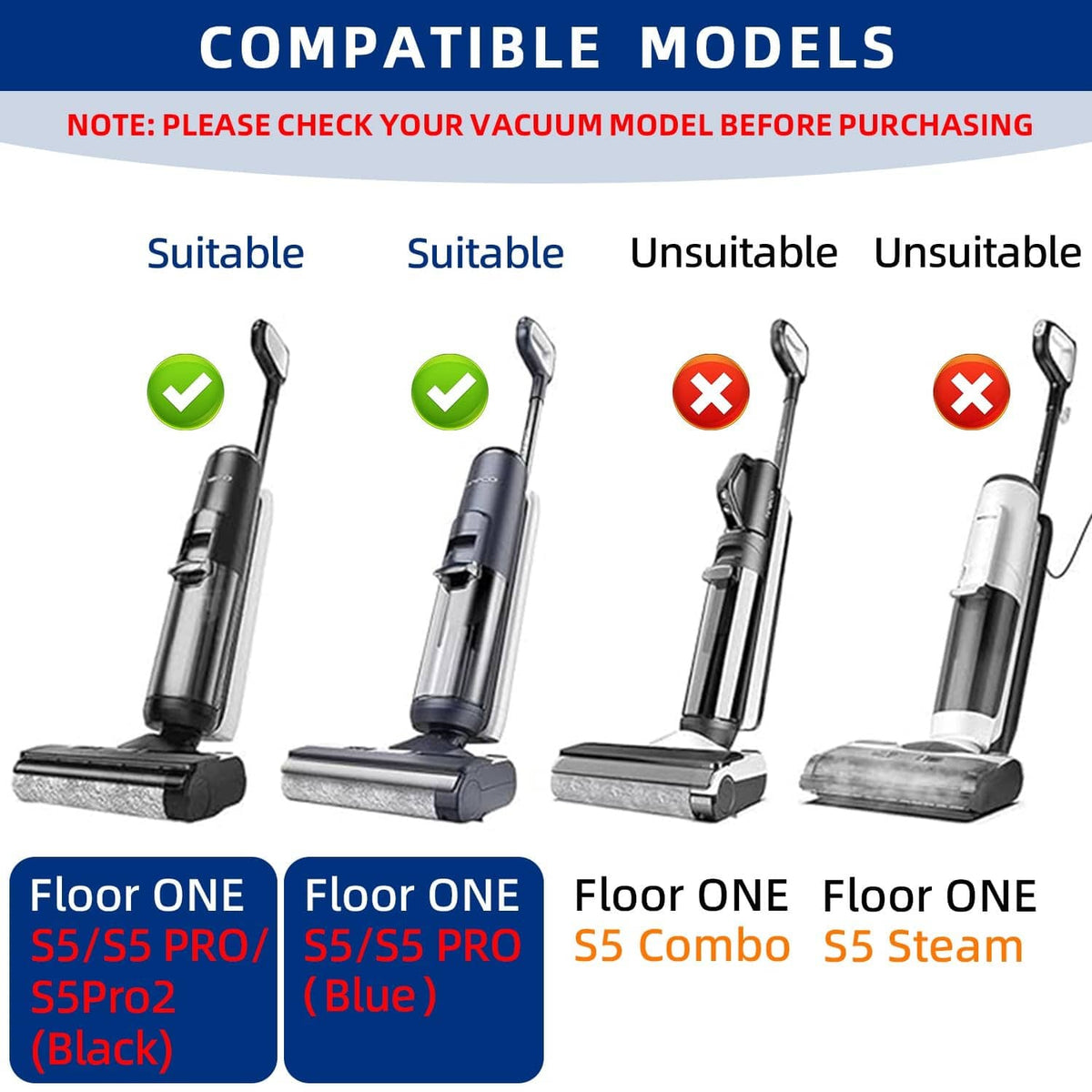 Vacuum brush attachments shown in a compatible vs unsuitable model comparison chart