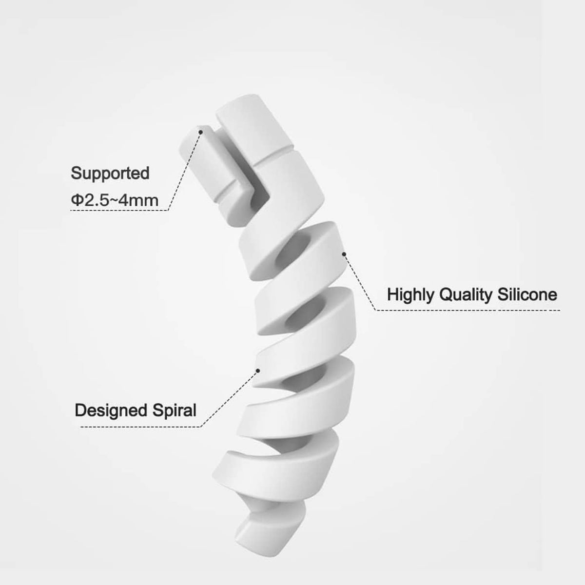 Silicone cable protector sleeve, white spiral design for protecting charging cables