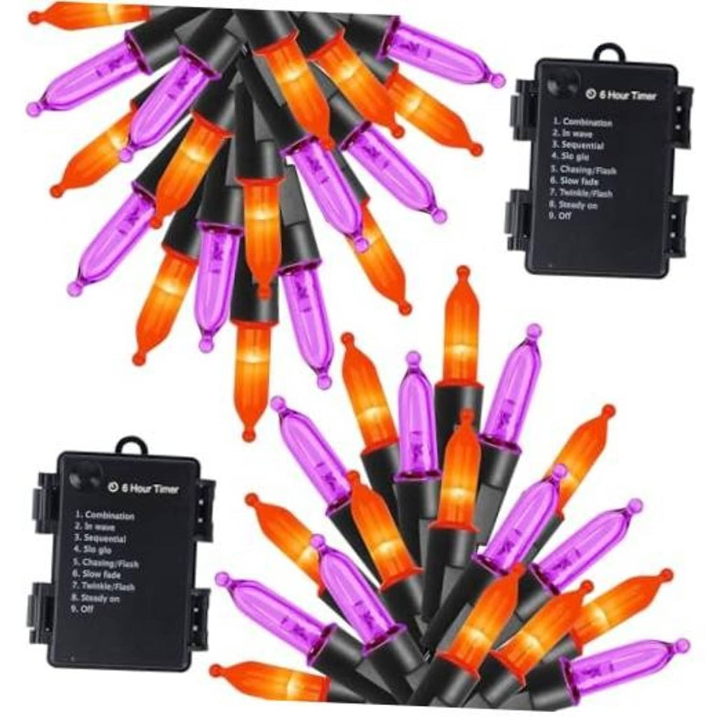 Orange and purple mini LED string lights with black wires and 6-hour timer controllers