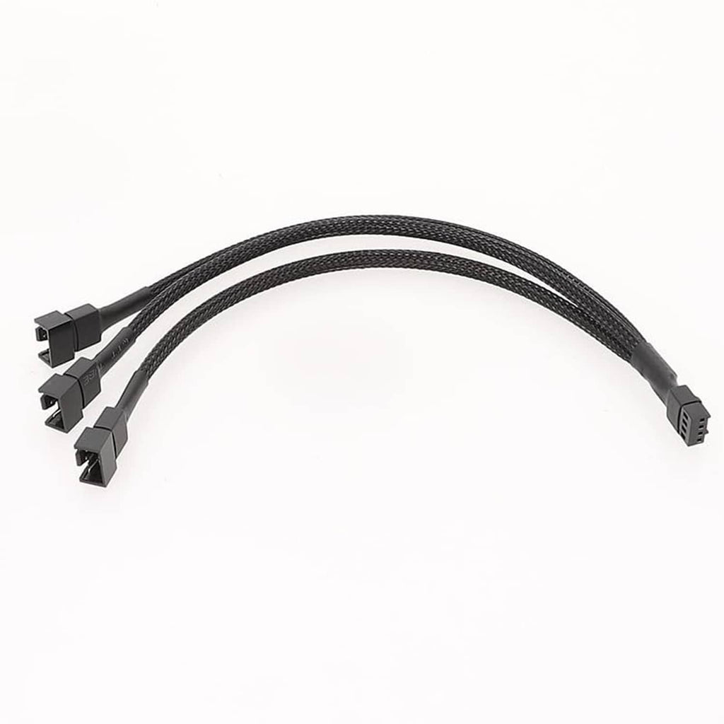 Sleeved fan splitter cable, 4-pin to 3-way, three fan connectors with black braided leads