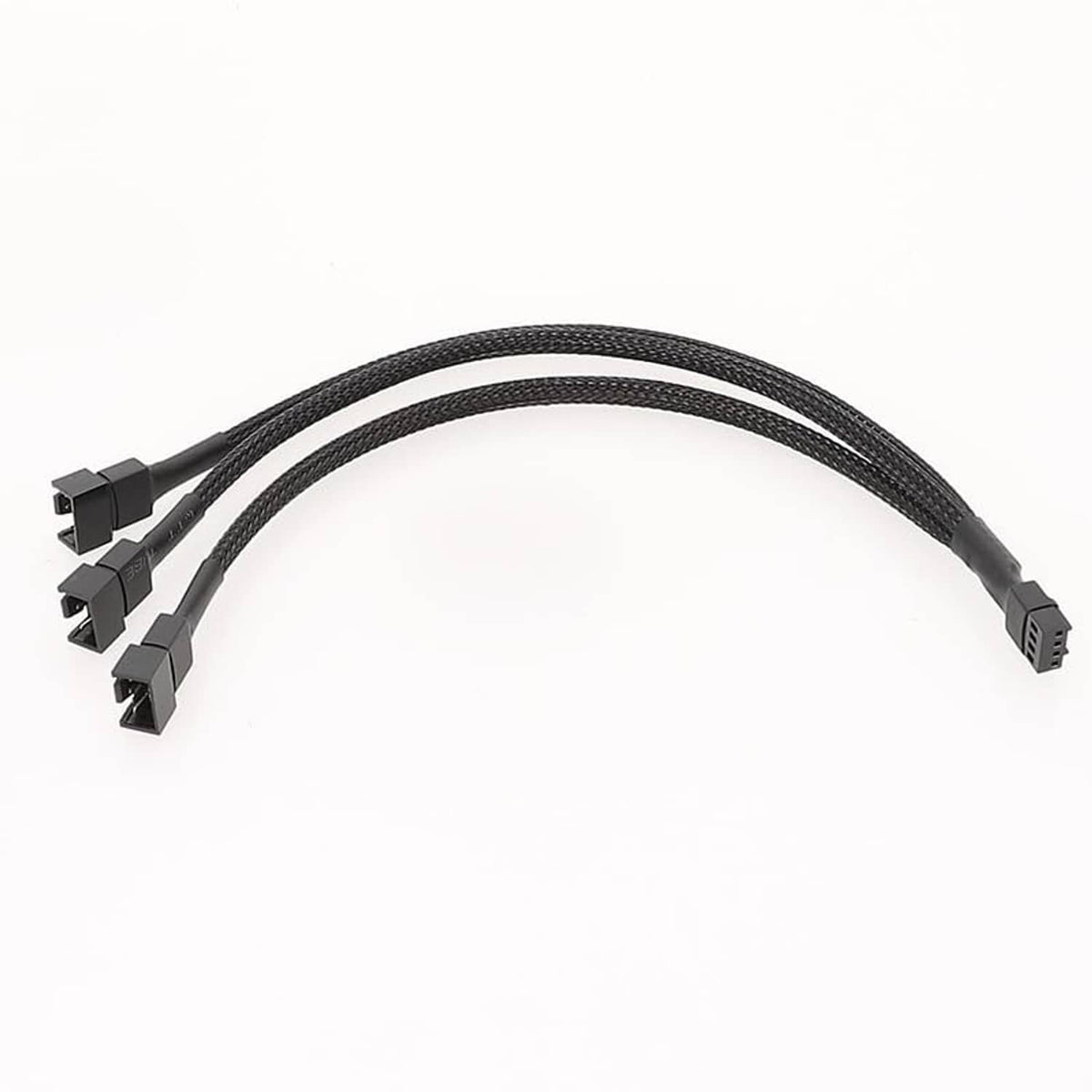 Sleeved fan splitter cable, 4-pin to 3-way, three fan connectors with black braided leads