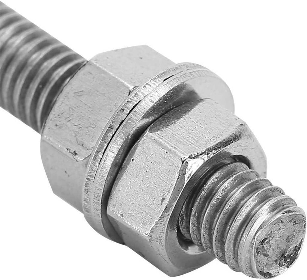 Close-up of silver threaded hood latch bolt with hex nut and metal flange