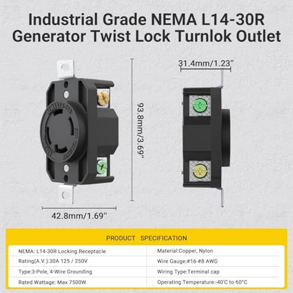 NEMA L14-30R locking receptacle with front and side profiles and terminal area