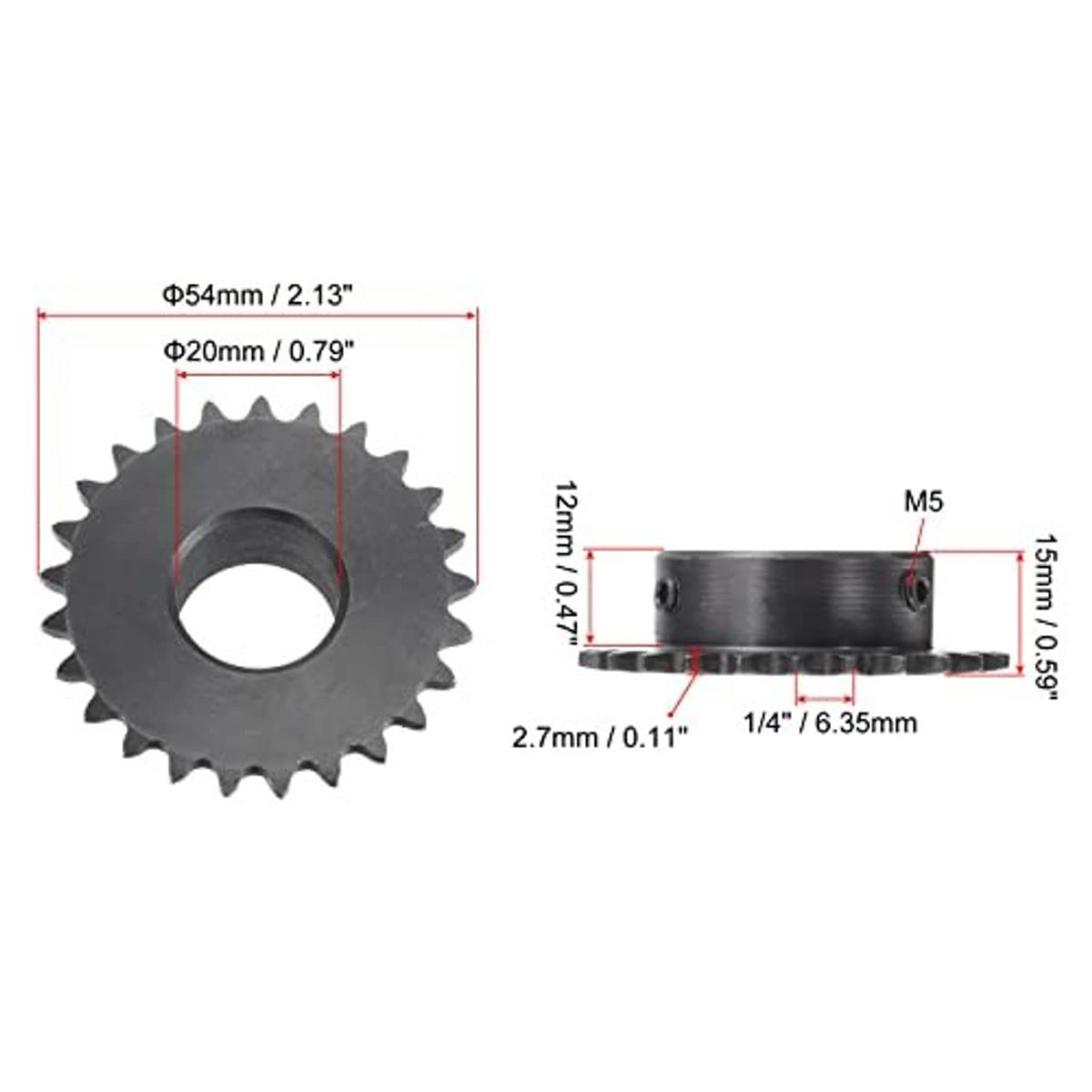 25-tooth roller sprocket with 20mm bore and 54mm outer diameter, dimension diagram