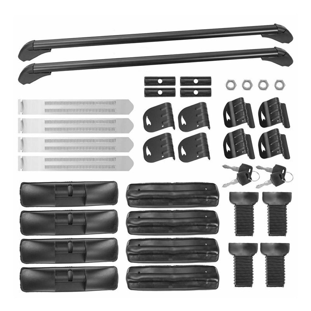 Black roof rack crossbar kit with bars, brackets, pads, and hardware pieces