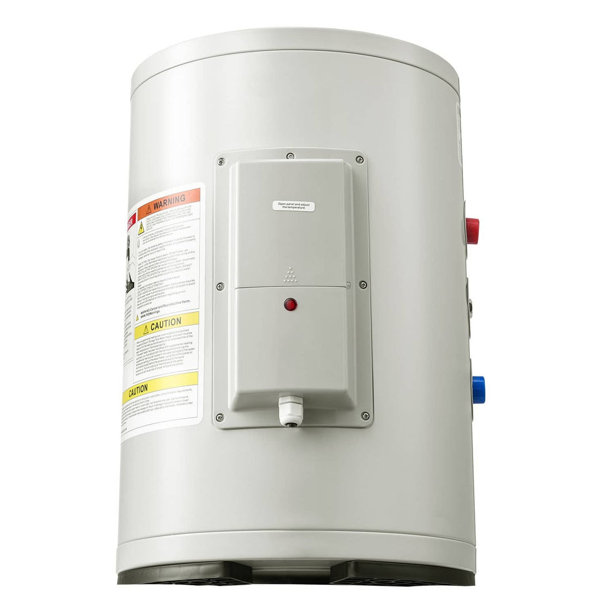 White compact electric water heater tank with front control panel and red indicator