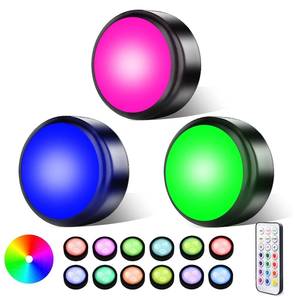 RGB LED puck lights with remote control, shown in blue, green, and pink glow