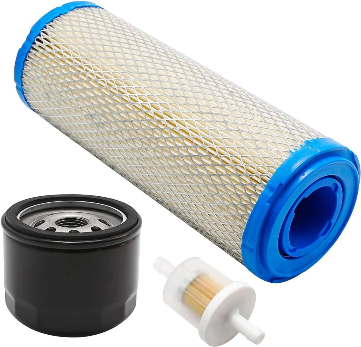 Air filter cartridge with blue ends, paired with oil filter canister and fuel filter.
