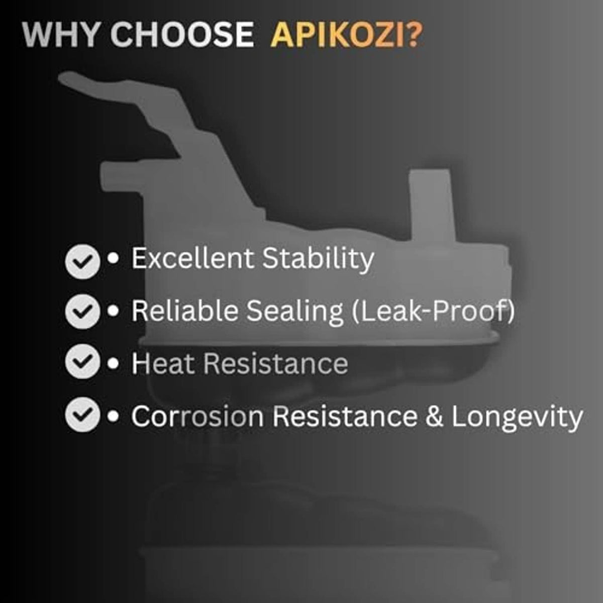Engine coolant reservoir tank with cap, with feature checkmark icons
