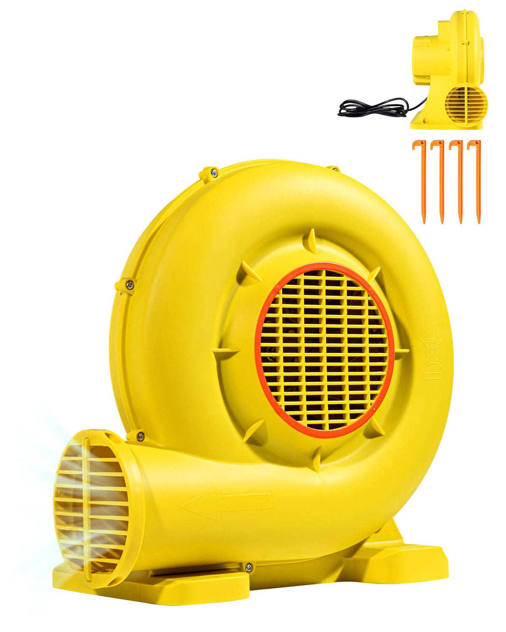 Yellow inflatable blower pump fan with circular intake and protective grille